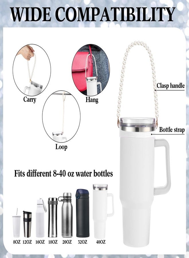 SiliFine 2 Pcs Silicone Water Bottle Handle Holder with Pearl Strap Compatible with Stanley Cup Accessories Sling Water Bottle Carrier Holde Fits Most 8-40 oz Tumbler Gift for Woman (White) - Image 3